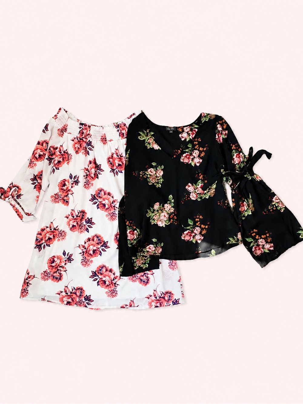 LilyRose Floral Bundle Large Pink Rose Dress & Black Floral Top
